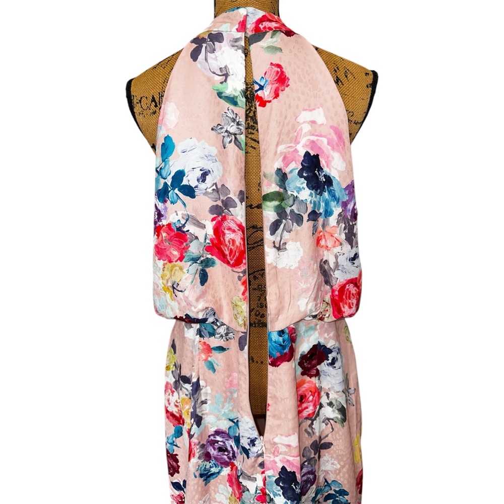 Adrianna Papell Dress Size 16 Blush Pink Floral Print Satin Jacquard Halter Gown - Picture 13 of 16